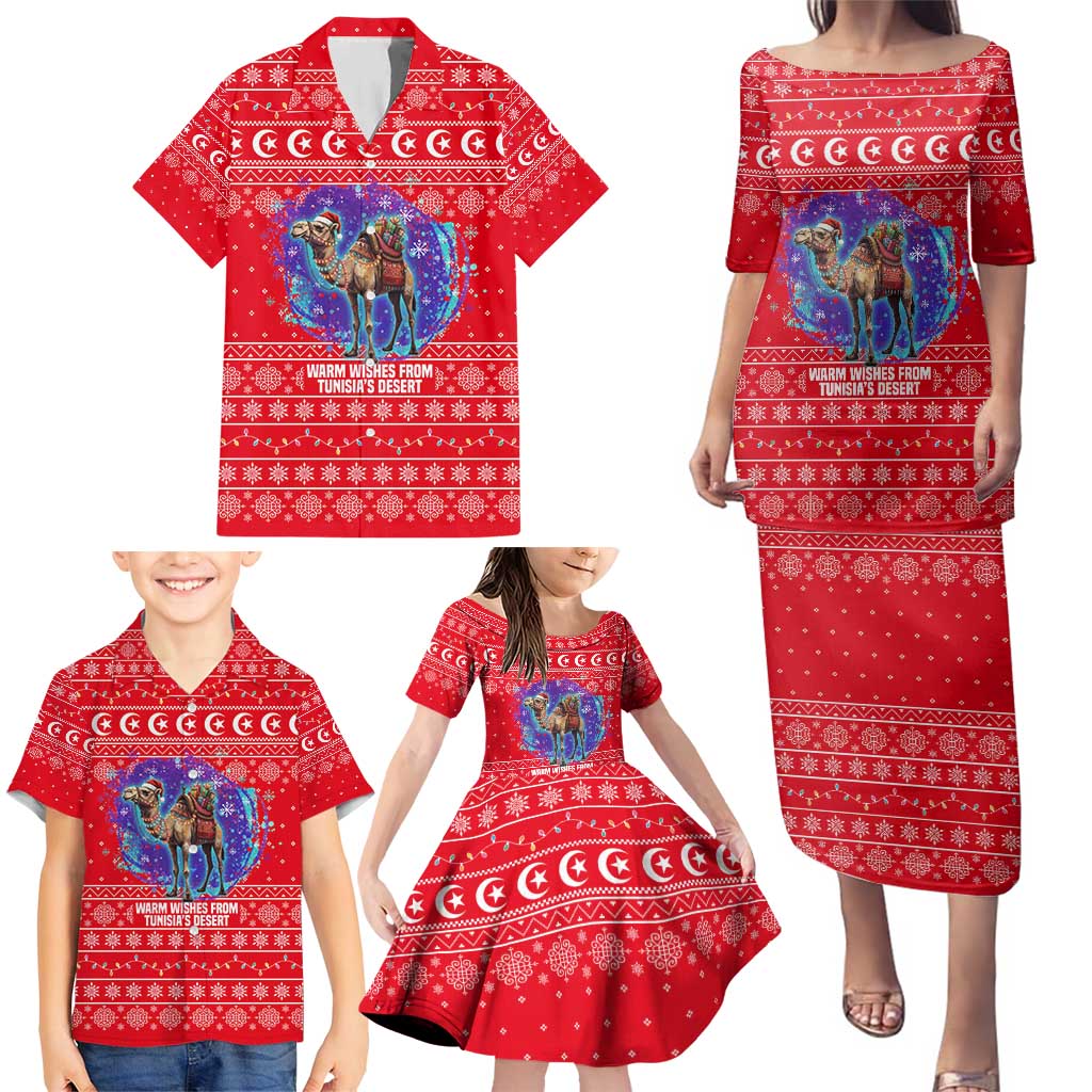 Tunisia Christmas Family Matching Puletasi and Hawaiian Shirt with Desert Camel Crescent Snowflake Pattern and National Emblem - Wonder Print Shop