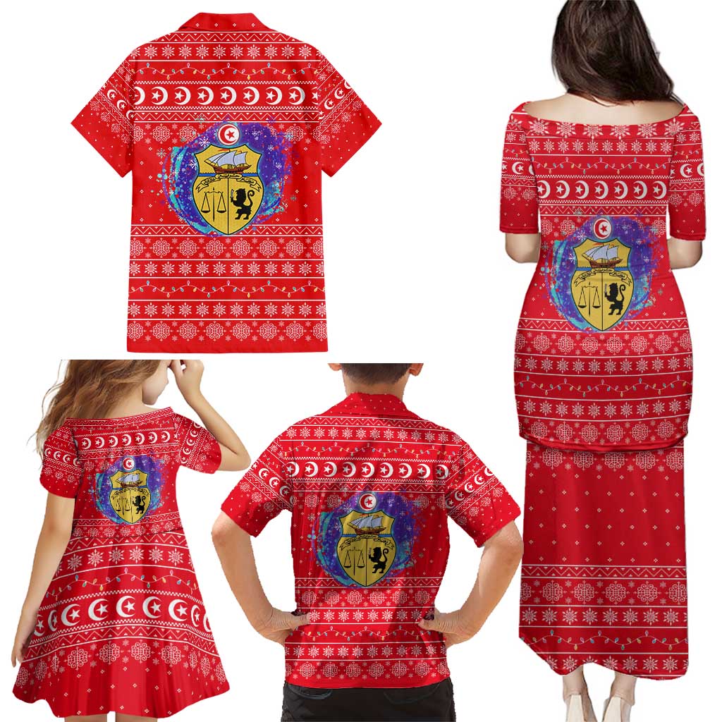 Tunisia Christmas Family Matching Puletasi and Hawaiian Shirt with Desert Camel Crescent Snowflake Pattern and National Emblem - Wonder Print Shop