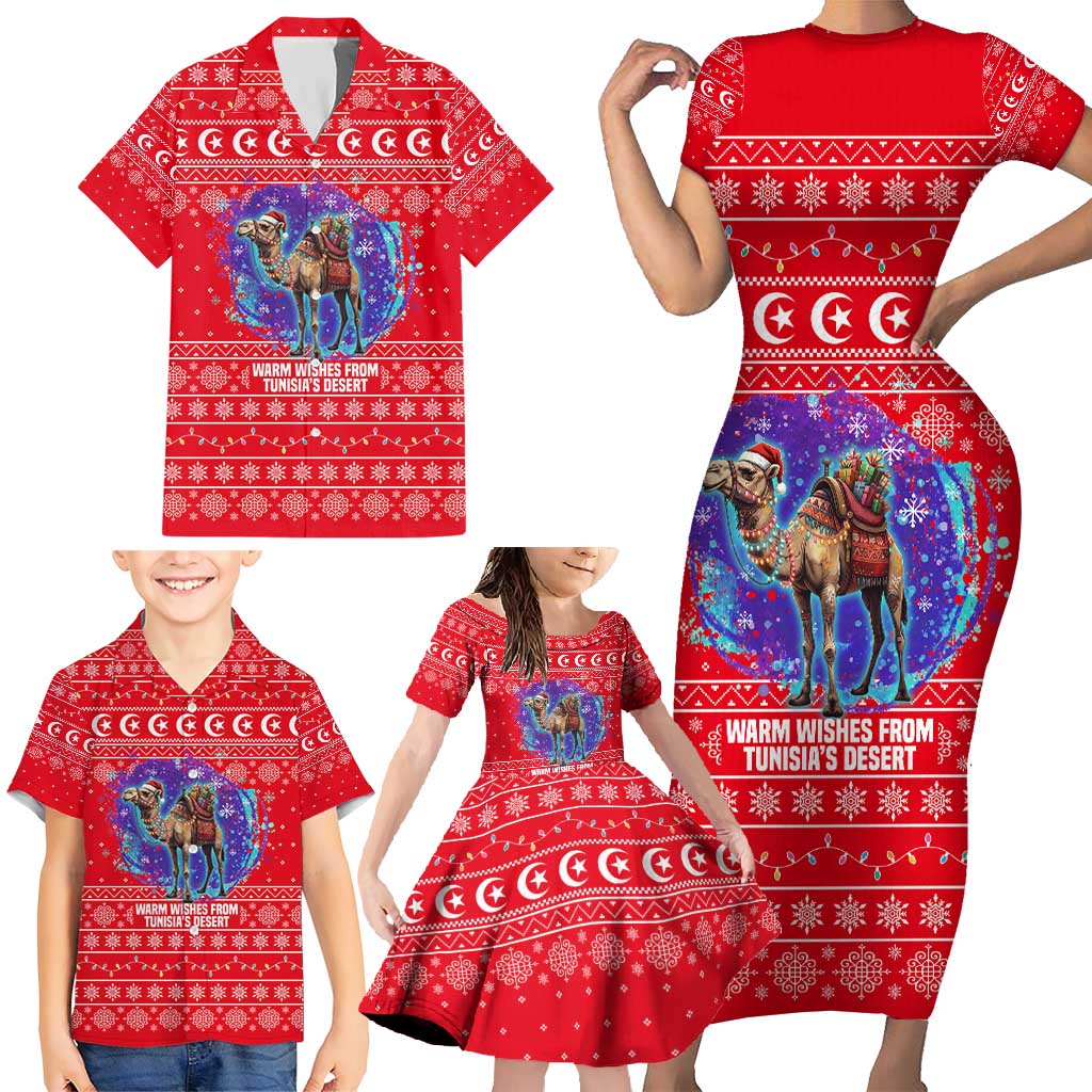 Tunisia Christmas Family Matching Short Sleeve Bodycon Dress and Hawaiian Shirt with Desert Camel Crescent Snowflake Pattern and National Emblem - Wonder Print Shop