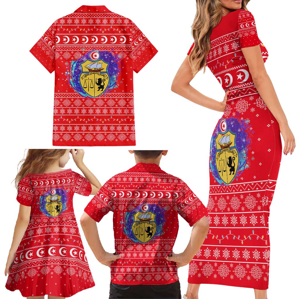 Tunisia Christmas Family Matching Short Sleeve Bodycon Dress and Hawaiian Shirt with Desert Camel Crescent Snowflake Pattern and National Emblem - Wonder Print Shop