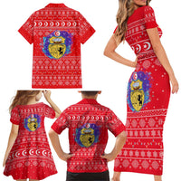 Tunisia Christmas Family Matching Short Sleeve Bodycon Dress and Hawaiian Shirt with Desert Camel Crescent Snowflake Pattern and National Emblem - Wonder Print Shop