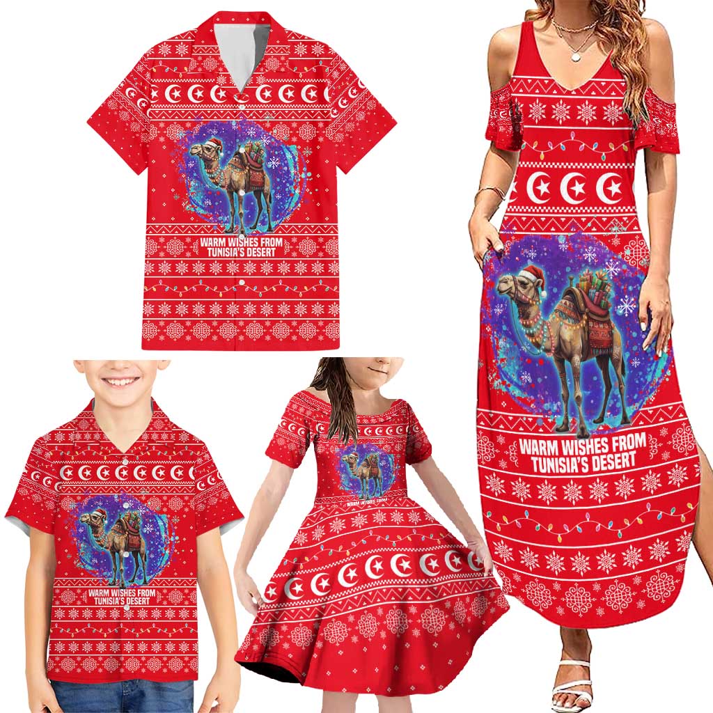 Tunisia Christmas Family Matching Summer Maxi Dress and Hawaiian Shirt with Desert Camel Crescent Snowflake Pattern and National Emblem - Wonder Print Shop
