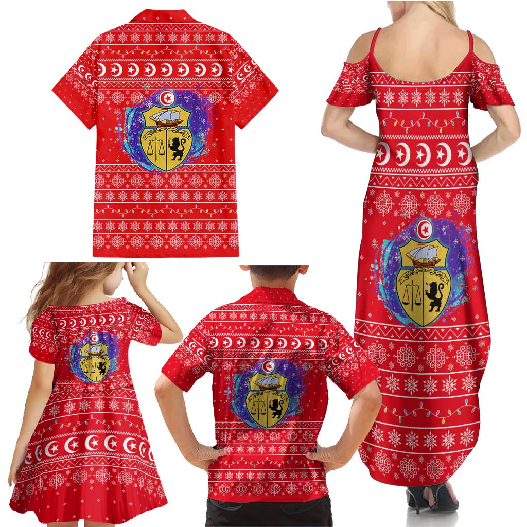 Tunisia Christmas Family Matching Summer Maxi Dress and Hawaiian Shirt with Desert Camel Crescent Snowflake Pattern and National Emblem - Wonder Print Shop