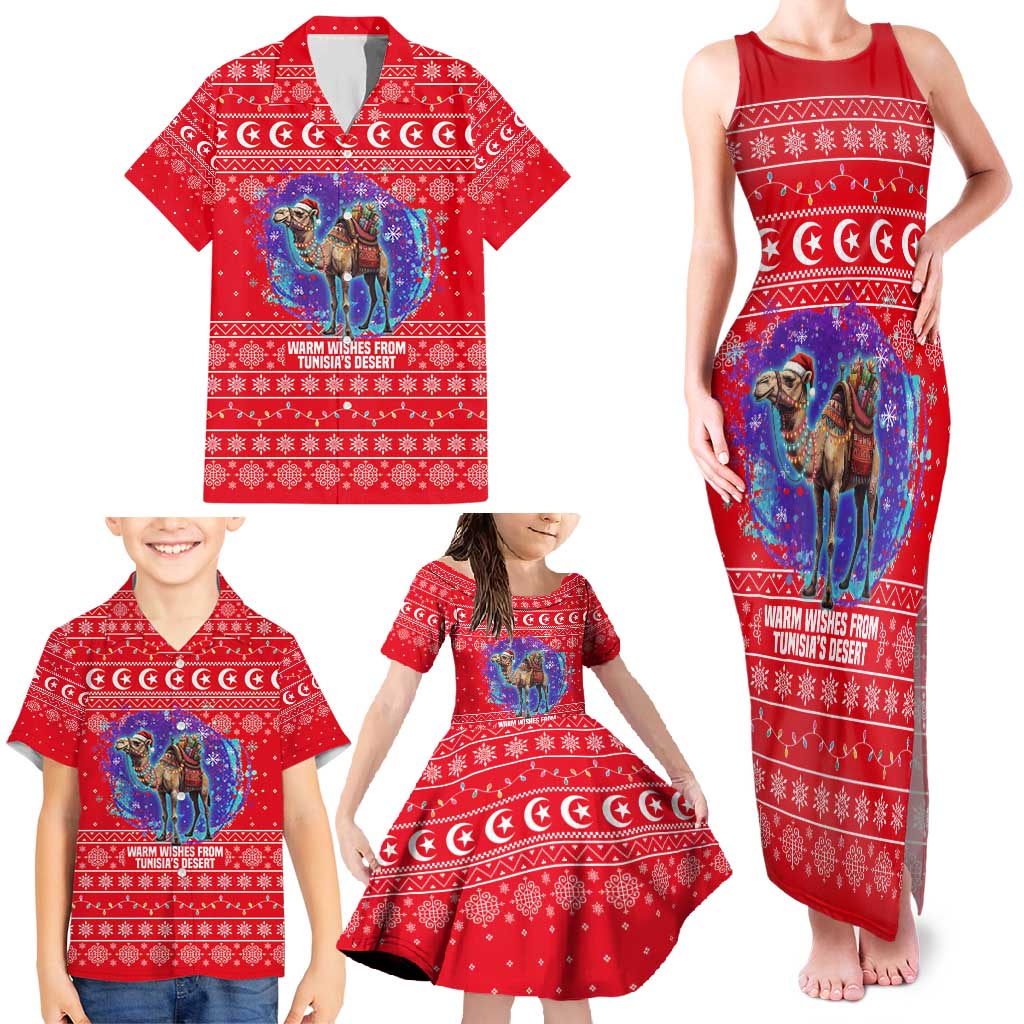 Tunisia Christmas Family Matching Tank Maxi Dress and Hawaiian Shirt with Desert Camel Crescent Snowflake Pattern and National Emblem - Wonder Print Shop