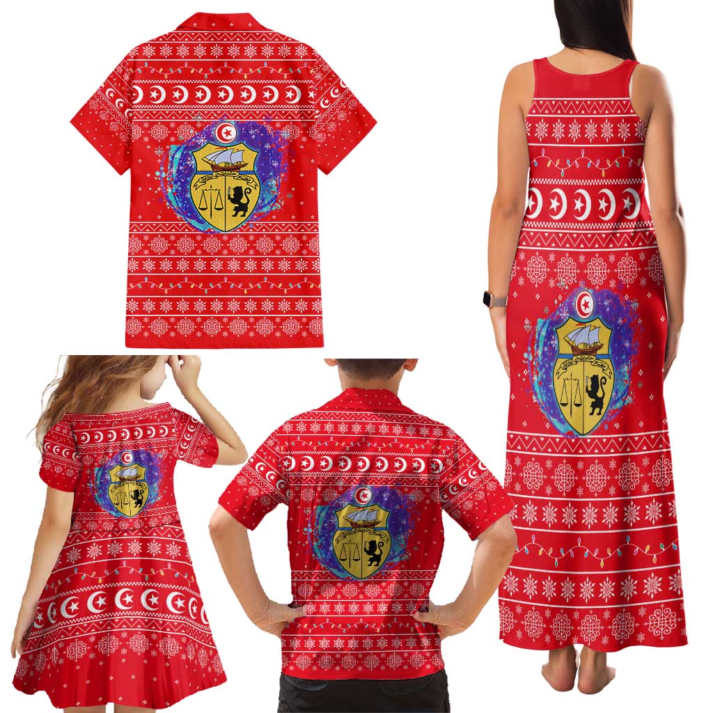 Tunisia Christmas Family Matching Tank Maxi Dress and Hawaiian Shirt with Desert Camel Crescent Snowflake Pattern and National Emblem - Wonder Print Shop