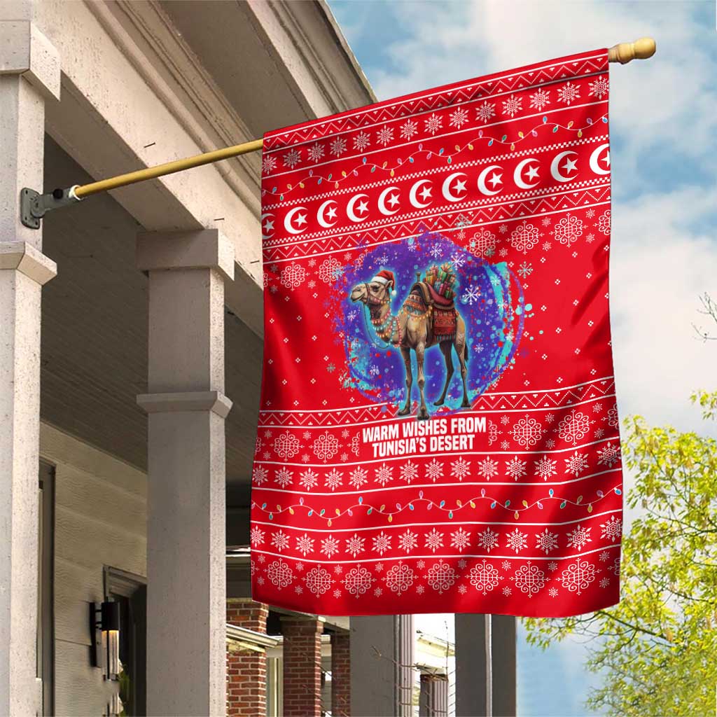 Tunisia Christmas Garden Flag with Desert Camel Crescent Snowflake Pattern and National Emblem - Wonder Print Shop