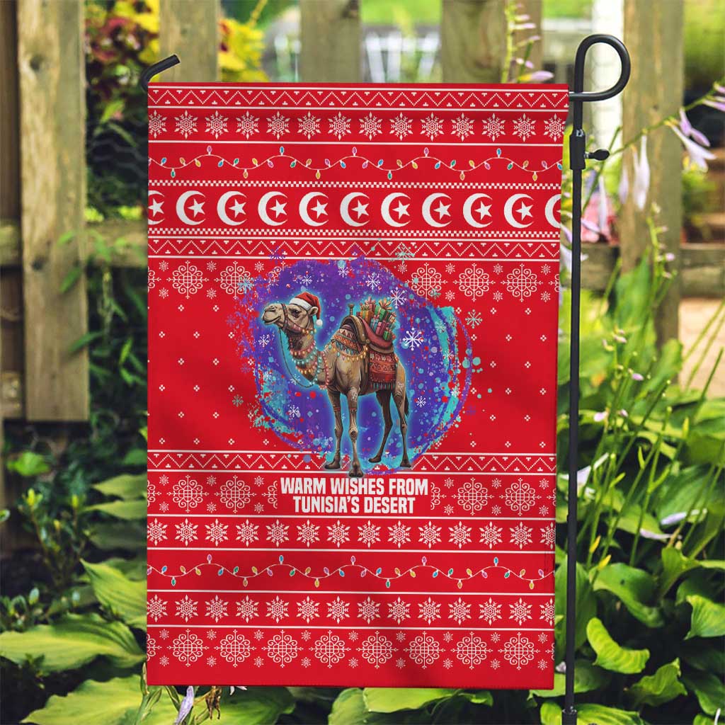 Tunisia Christmas Garden Flag with Desert Camel Crescent Snowflake Pattern and National Emblem - Wonder Print Shop