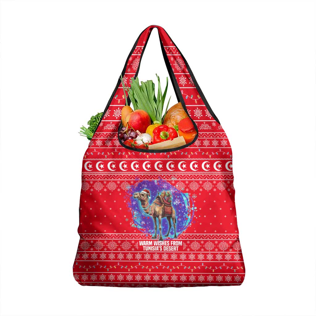 Tunisia Christmas Grocery Bag with Desert Camel Crescent Snowflake Pattern and National Emblem - Wonder Print Shop