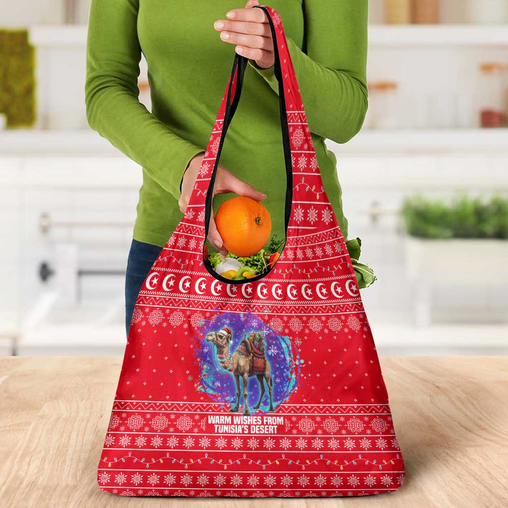 Tunisia Christmas Grocery Bag with Desert Camel Crescent Snowflake Pattern and National Emblem - Wonder Print Shop