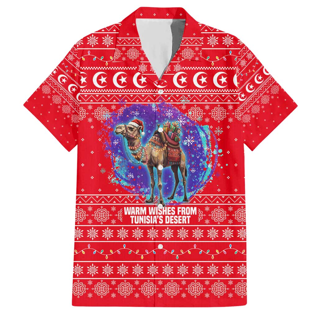 Tunisia Christmas Hawaiian Shirt with Desert Camel Crescent Snowflake Pattern and National Emblem - Wonder Print Shop