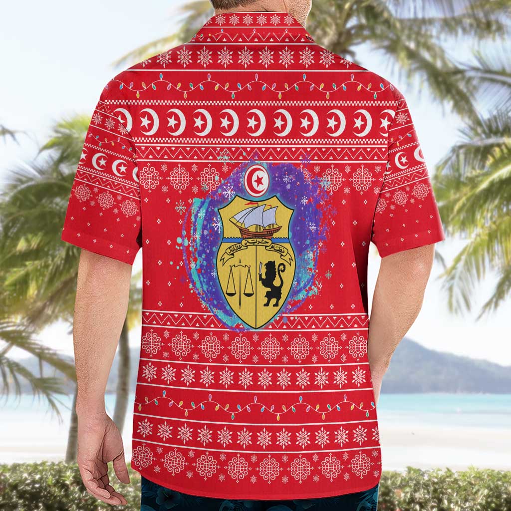 Tunisia Christmas Hawaiian Shirt with Desert Camel Crescent Snowflake Pattern and National Emblem - Wonder Print Shop