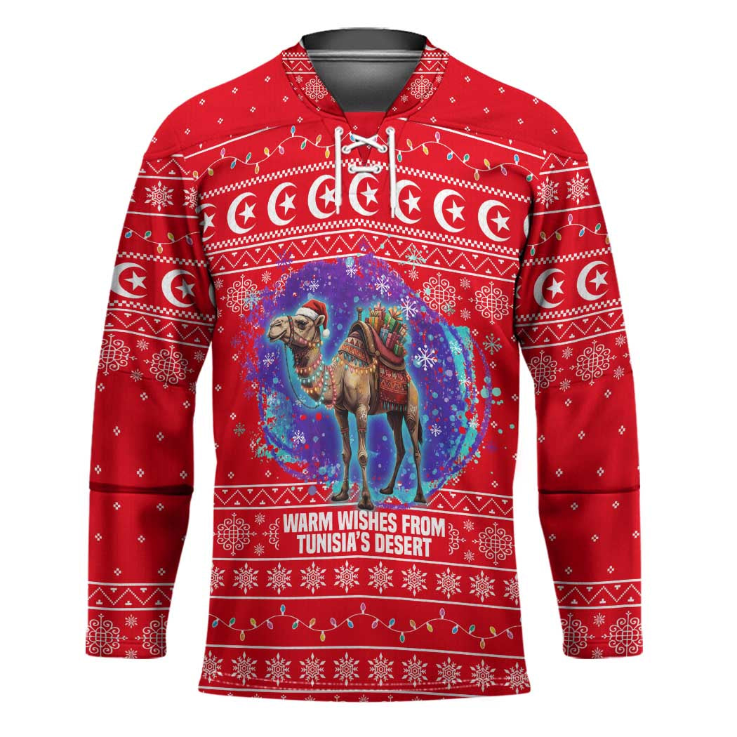 Tunisia Christmas Hockey Jersey with Desert Camel Crescent Snowflake Pattern and National Emblem - Wonder Print Shop