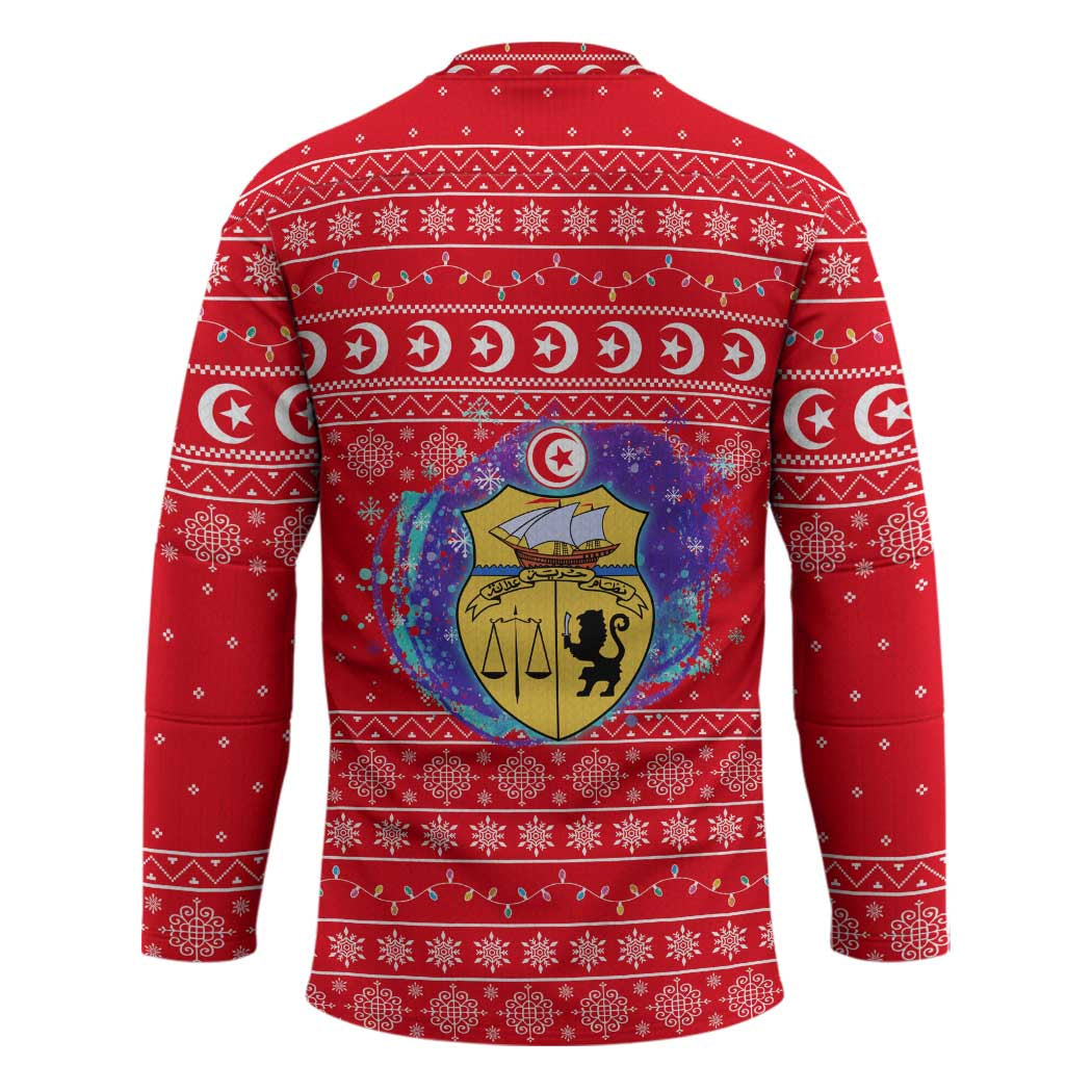 Tunisia Christmas Hockey Jersey with Desert Camel Crescent Snowflake Pattern and National Emblem - Wonder Print Shop