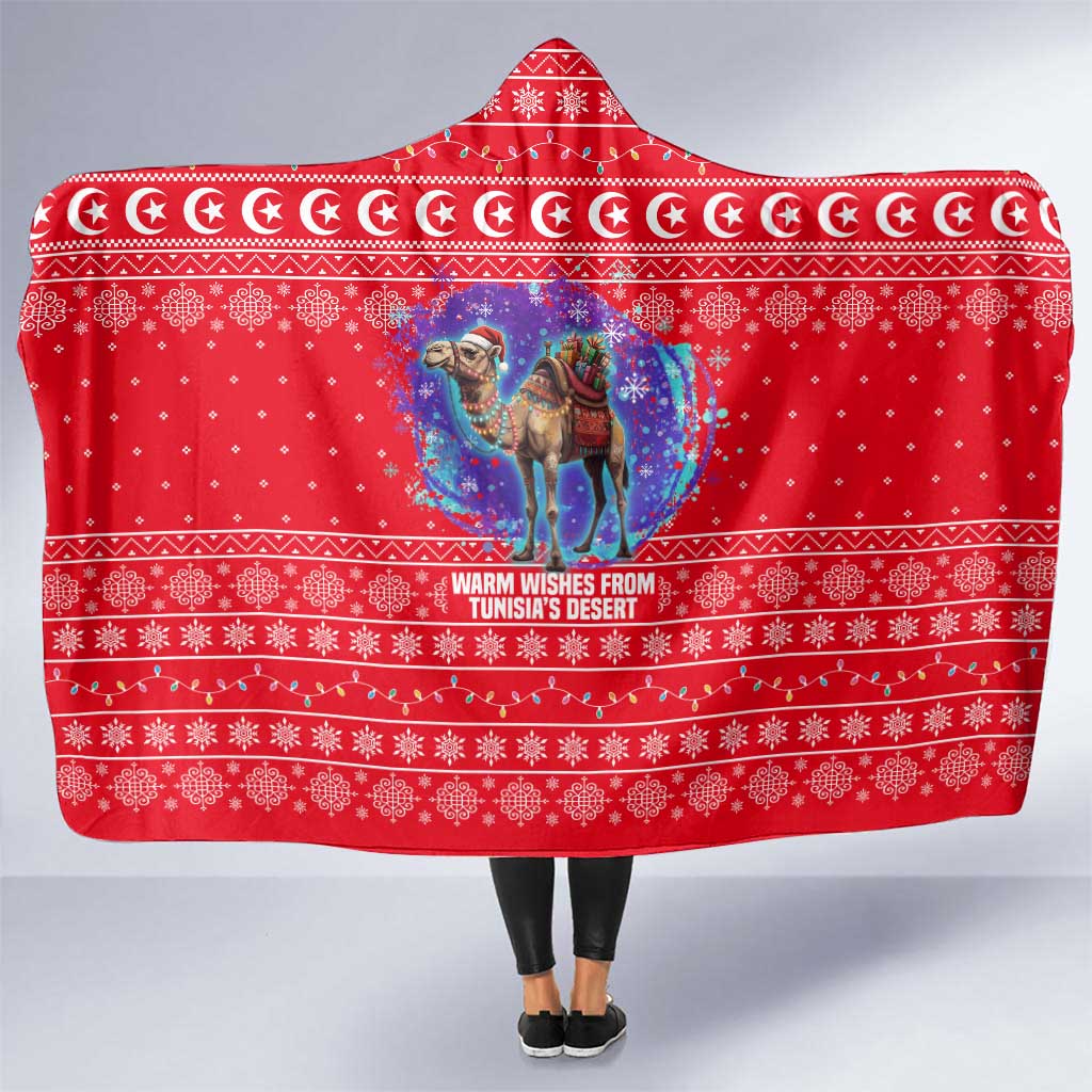 Tunisia Christmas Hooded Blanket with Desert Camel Crescent Snowflake Pattern and National Emblem - Wonder Print Shop