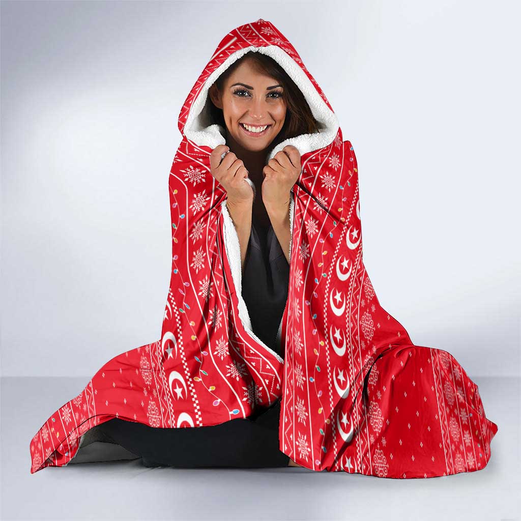 Tunisia Christmas Hooded Blanket with Desert Camel Crescent Snowflake Pattern and National Emblem - Wonder Print Shop