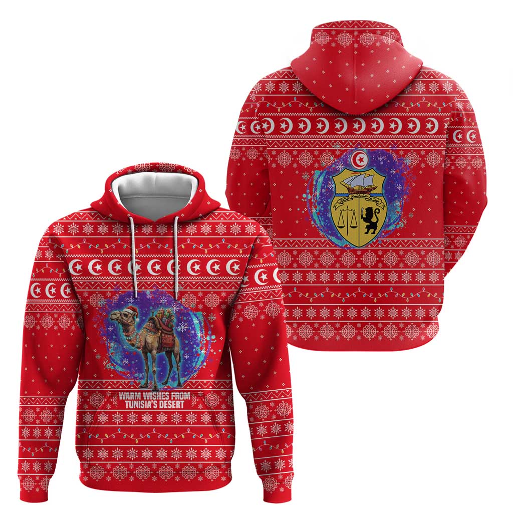 Tunisia Christmas Hoodie with Desert Camel Crescent Snowflake Pattern and National Emblem - Wonder Print Shop