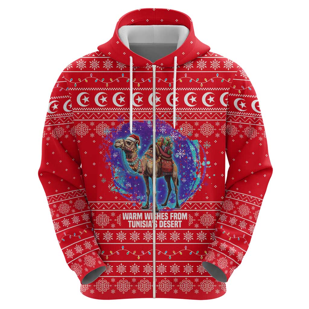Tunisia Christmas Hoodie with Desert Camel Crescent Snowflake Pattern and National Emblem - Wonder Print Shop