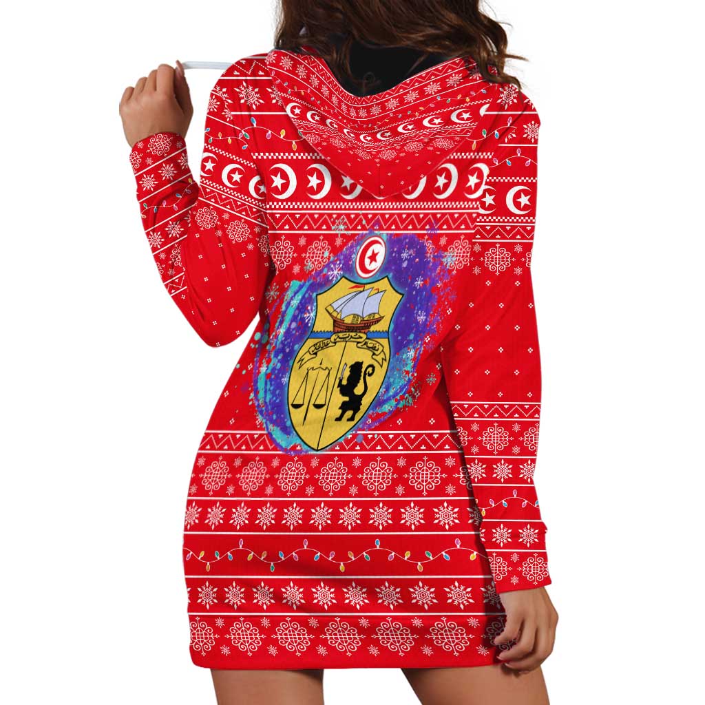 Tunisia Christmas Hoodie Dress with Desert Camel Crescent Snowflake Pattern and National Emblem - Wonder Print Shop