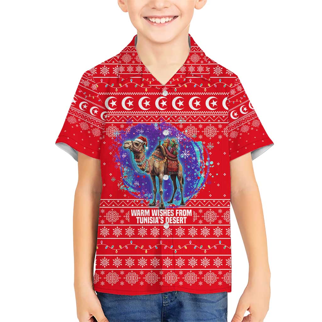 Tunisia Christmas Kid Hawaiian Shirt with Desert Camel Crescent Snowflake Pattern and National Emblem - Wonder Print Shop