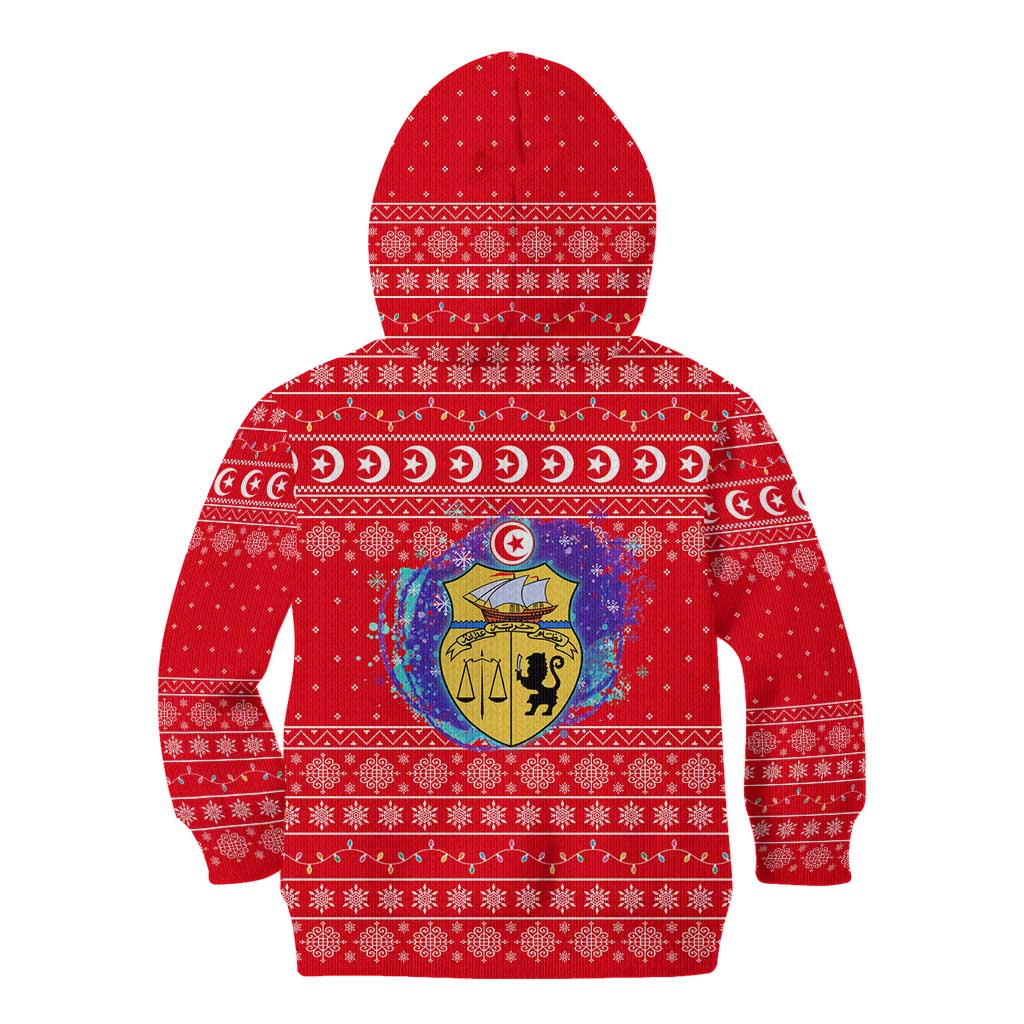 Tunisia Christmas Kid Hoodie with Desert Camel Crescent Snowflake Pattern and National Emblem - Wonder Print Shop