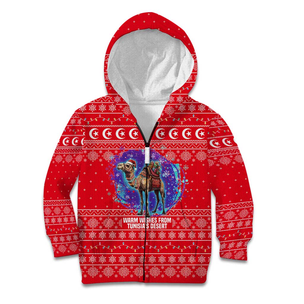 Tunisia Christmas Kid Hoodie with Desert Camel Crescent Snowflake Pattern and National Emblem - Wonder Print Shop