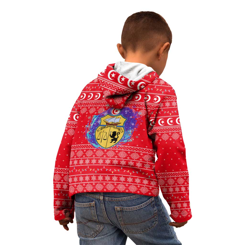 Tunisia Christmas Kid Hoodie with Desert Camel Crescent Snowflake Pattern and National Emblem - Wonder Print Shop