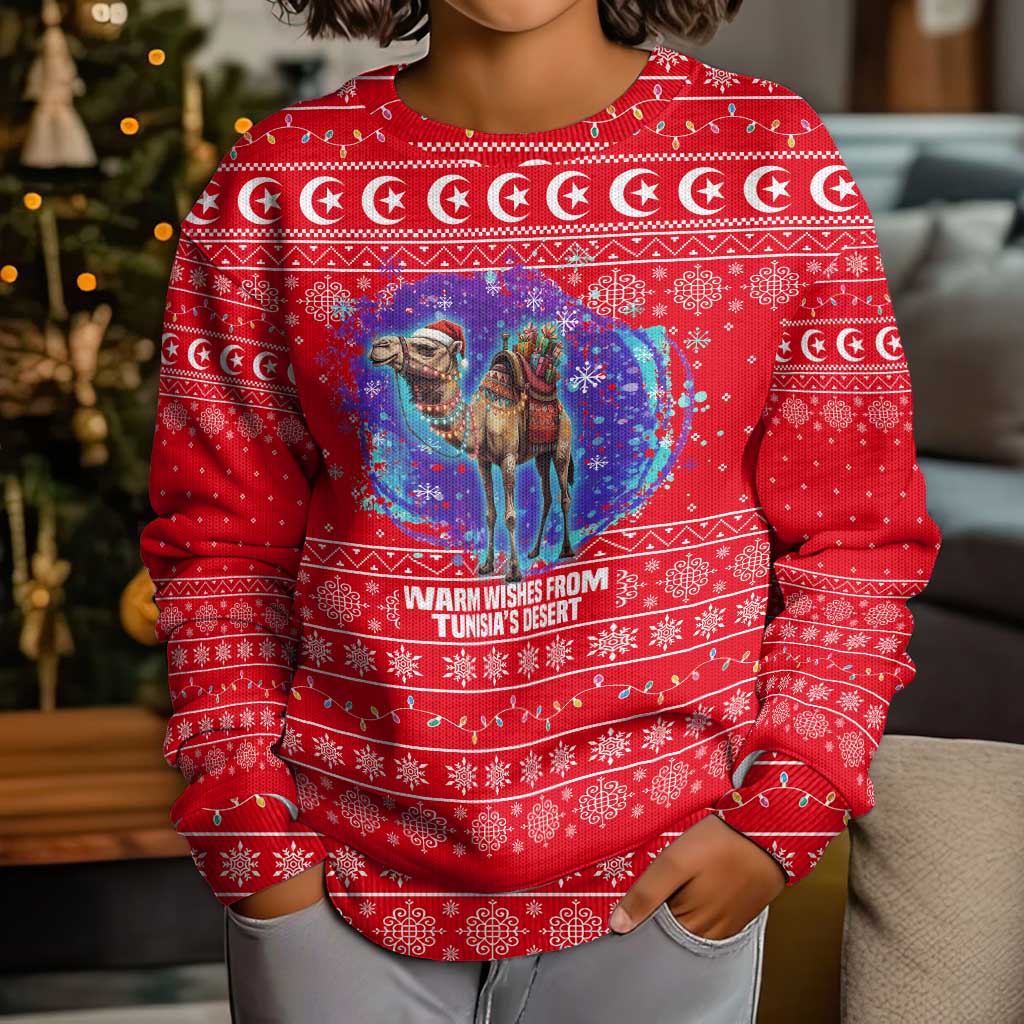 Tunisia Christmas Kid Ugly Christmas Sweater with Desert Camel Crescent Snowflake Pattern and National Emblem - Wonder Print Shop