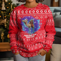 Tunisia Christmas Kid Ugly Christmas Sweater with Desert Camel Crescent Snowflake Pattern and National Emblem - Wonder Print Shop