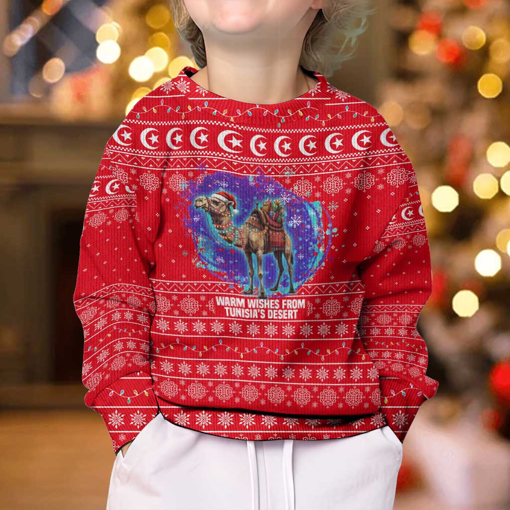 Tunisia Christmas Kid Ugly Christmas Sweater with Desert Camel Crescent Snowflake Pattern and National Emblem - Wonder Print Shop