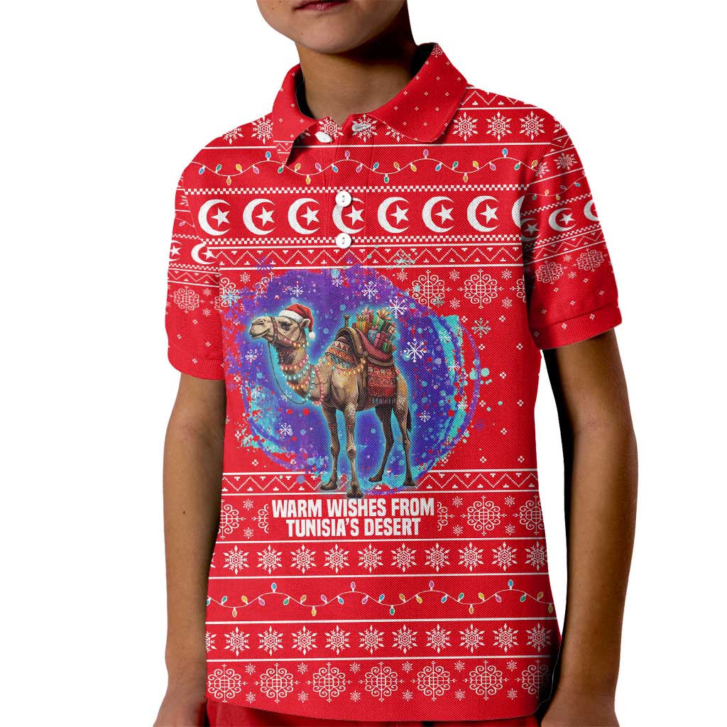 Tunisia Christmas Kid Polo Shirt with Desert Camel Crescent Snowflake Pattern and National Emblem - Wonder Print Shop