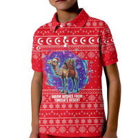Tunisia Christmas Kid Polo Shirt with Desert Camel Crescent Snowflake Pattern and National Emblem - Wonder Print Shop