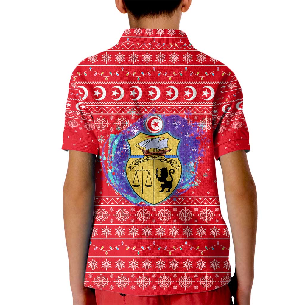 Tunisia Christmas Kid Polo Shirt with Desert Camel Crescent Snowflake Pattern and National Emblem - Wonder Print Shop