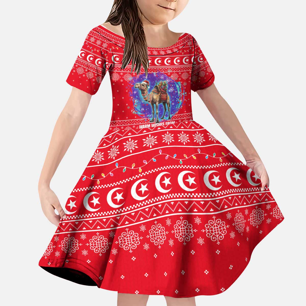 Tunisia Christmas Kid Short Sleeve Dress with Desert Camel Crescent Snowflake Pattern and National Emblem - Wonder Print Shop