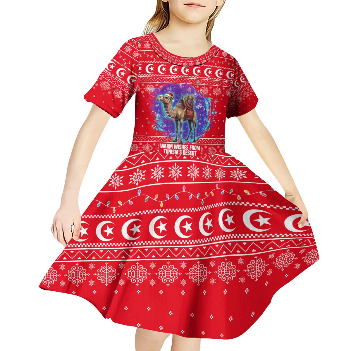 Tunisia Christmas Kid Short Sleeve Dress with Desert Camel Crescent Snowflake Pattern and National Emblem - Wonder Print Shop