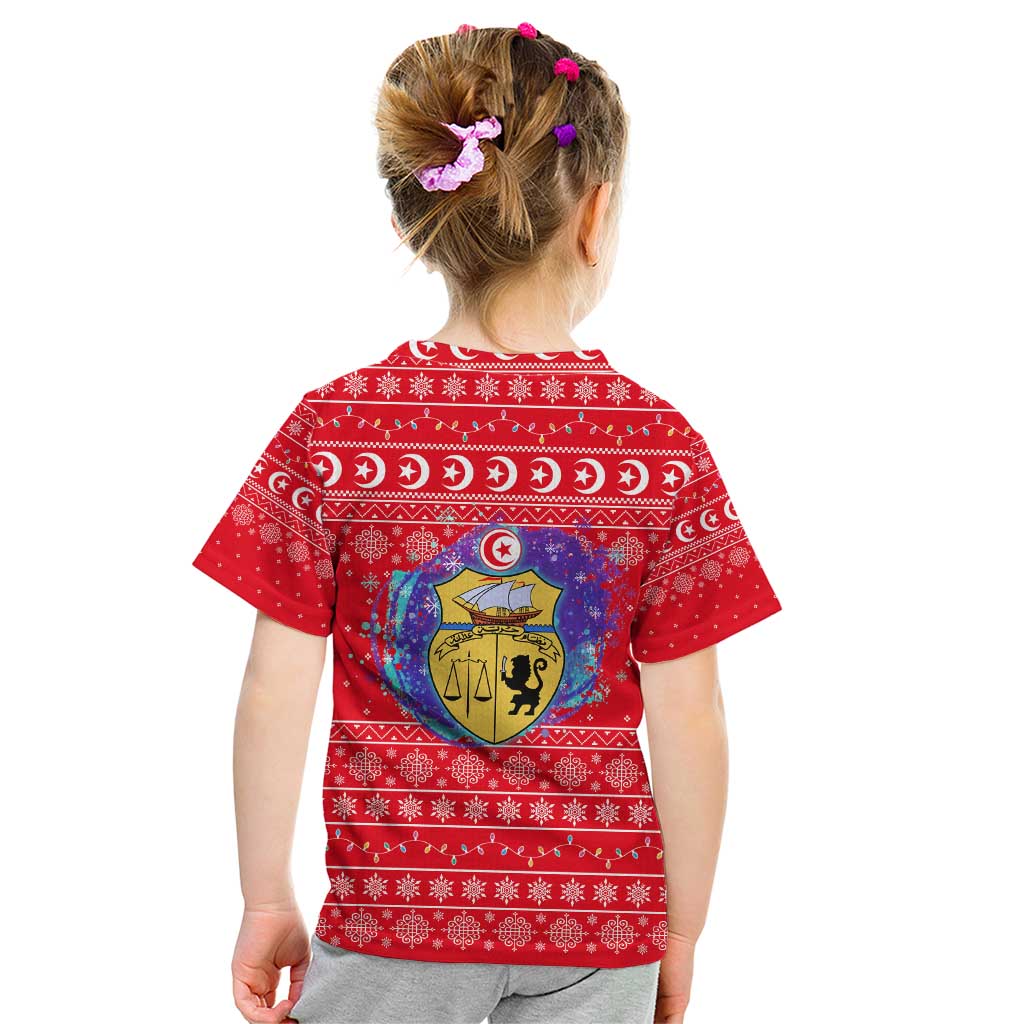 Tunisia Christmas Kid T Shirt with Desert Camel Crescent Snowflake Pattern and National Emblem - Wonder Print Shop