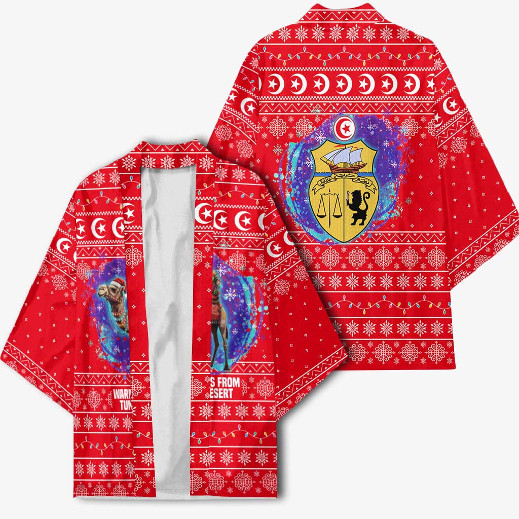 Tunisia Christmas Kimono with Desert Camel Crescent Snowflake Pattern and National Emblem - Wonder Print Shop