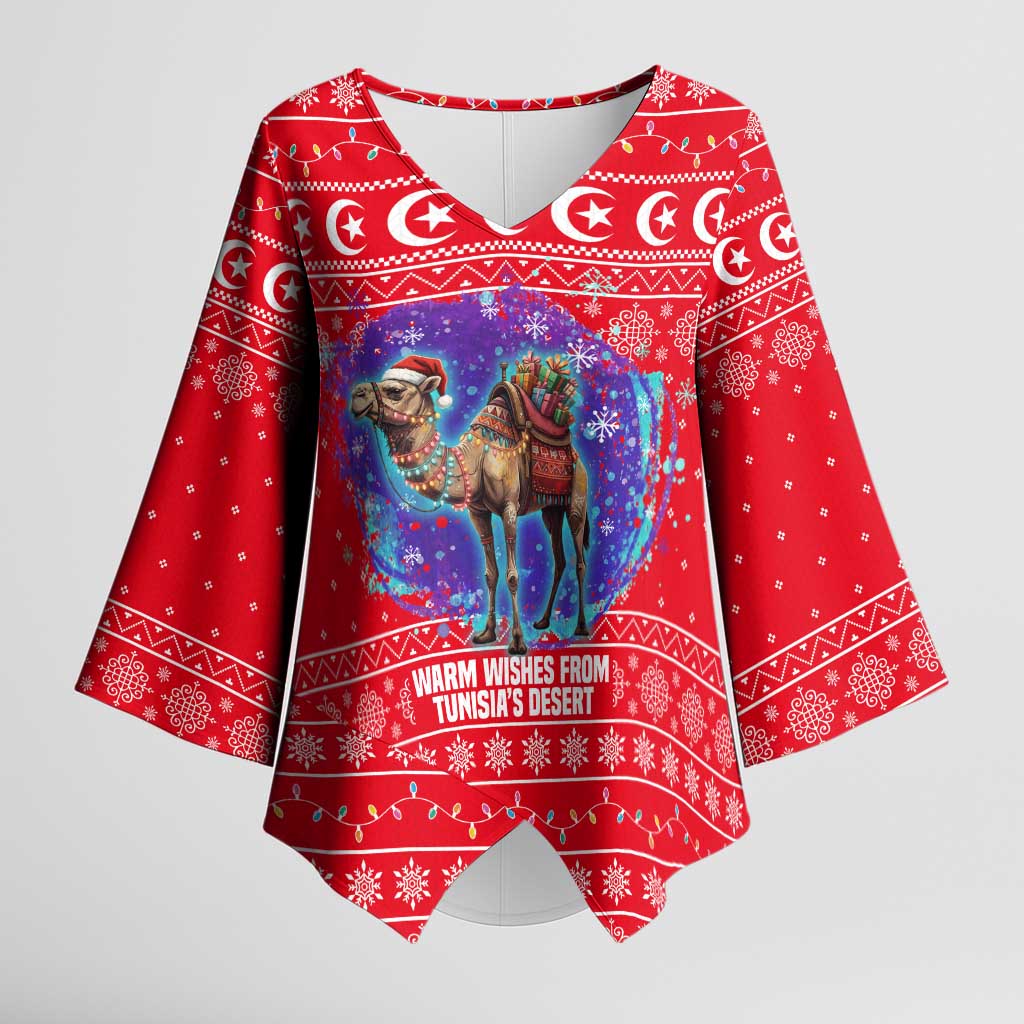 Tunisia Christmas Kimono Sleeve Blouse with Desert Camel Crescent Snowflake Pattern and National Emblem - Wonder Print Shop