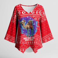 Tunisia Christmas Kimono Sleeve Blouse with Desert Camel Crescent Snowflake Pattern and National Emblem - Wonder Print Shop