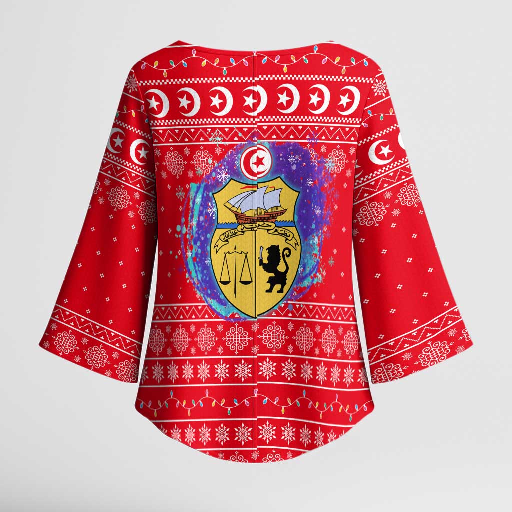 Tunisia Christmas Kimono Sleeve Blouse with Desert Camel Crescent Snowflake Pattern and National Emblem - Wonder Print Shop