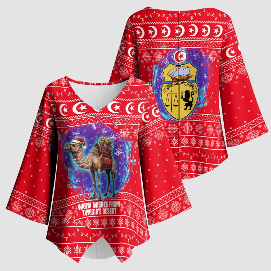 Tunisia Christmas Kimono Sleeve Blouse with Desert Camel Crescent Snowflake Pattern and National Emblem - Wonder Print Shop
