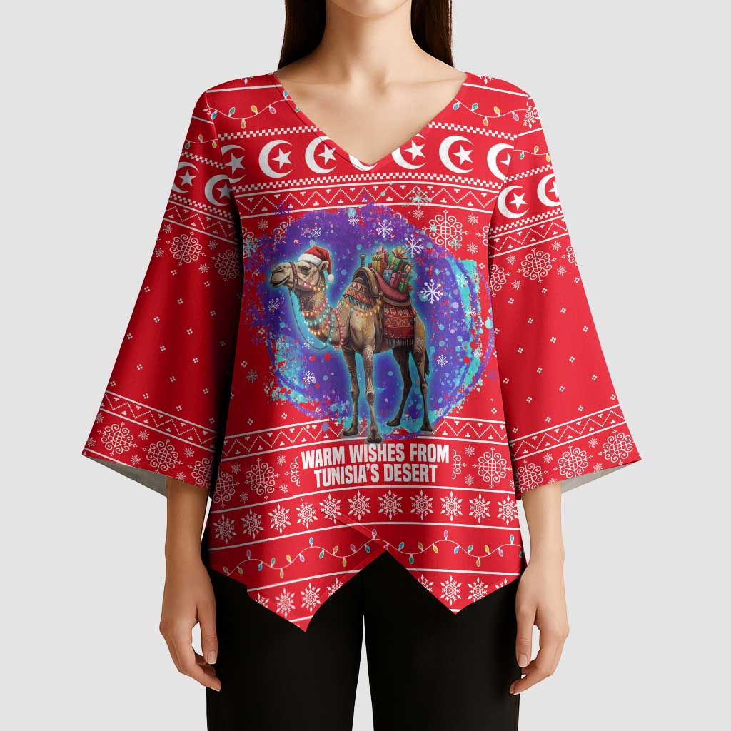 Tunisia Christmas Kimono Sleeve Blouse with Desert Camel Crescent Snowflake Pattern and National Emblem - Wonder Print Shop