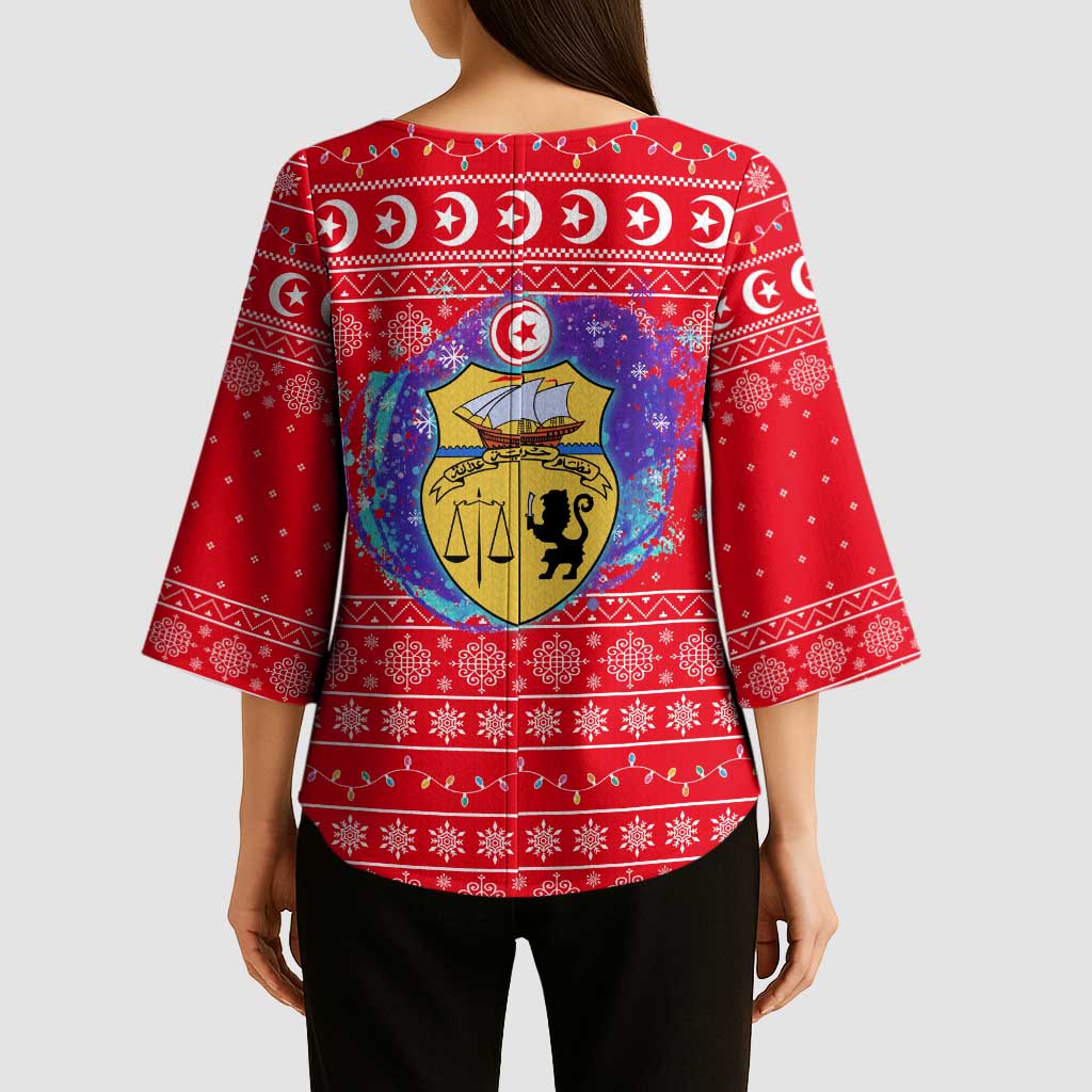 Tunisia Christmas Kimono Sleeve Blouse with Desert Camel Crescent Snowflake Pattern and National Emblem - Wonder Print Shop