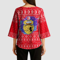 Tunisia Christmas Kimono Sleeve Blouse with Desert Camel Crescent Snowflake Pattern and National Emblem - Wonder Print Shop