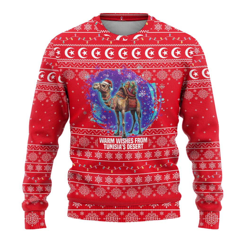 Tunisia Christmas Ugly Christmas Sweater with Desert Camel Crescent Snowflake Pattern and National Emblem - Wonder Print Shop
