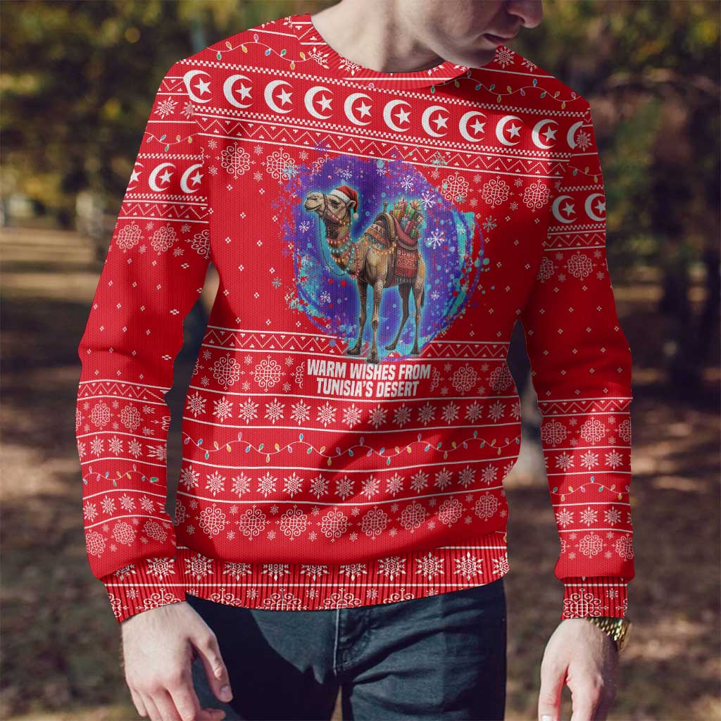 Tunisia Christmas Ugly Christmas Sweater with Desert Camel Crescent Snowflake Pattern and National Emblem - Wonder Print Shop