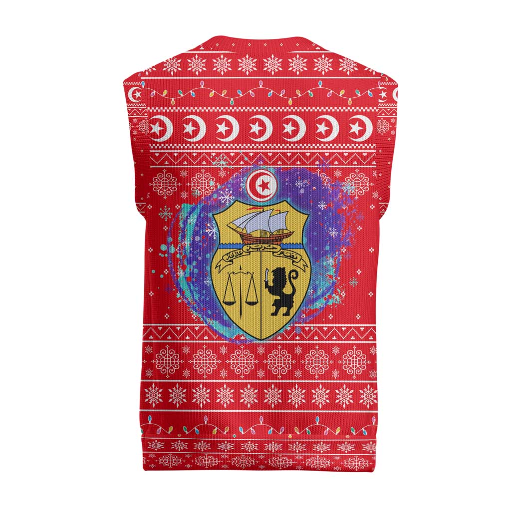 Tunisia Christmas Knitted V-Neck Vest with Desert Camel Crescent Snowflake Pattern and National Emblem - Wonder Print Shop