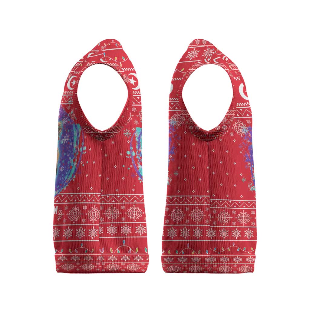 Tunisia Christmas Knitted V-Neck Vest with Desert Camel Crescent Snowflake Pattern and National Emblem - Wonder Print Shop