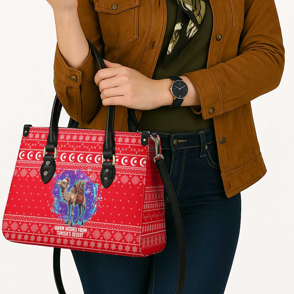 Tunisia Christmas Leather Bag with Desert Camel Crescent Snowflake Pattern and National Emblem - Wonder Print Shop