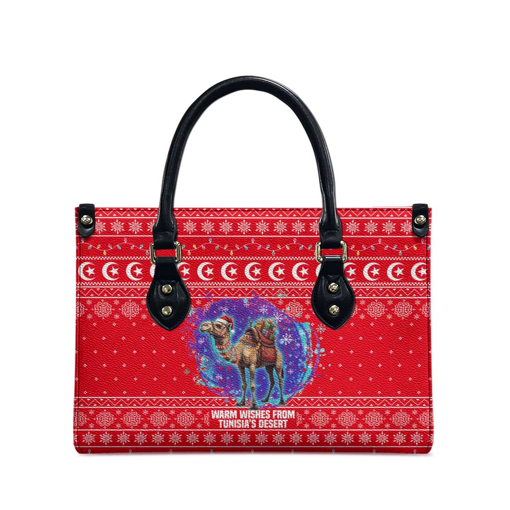 Tunisia Christmas Leather Bag with Desert Camel Crescent Snowflake Pattern and National Emblem - Wonder Print Shop
