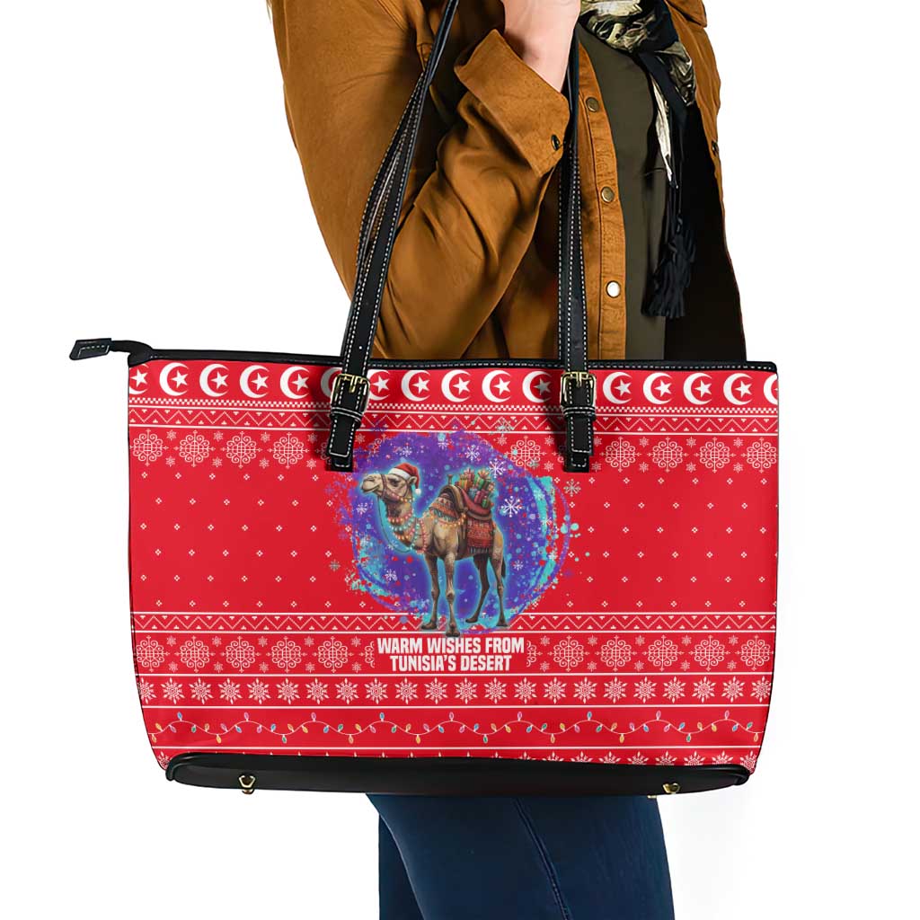Tunisia Christmas Leather Tote Bag with Desert Camel Crescent Snowflake Pattern and National Emblem - Wonder Print Shop